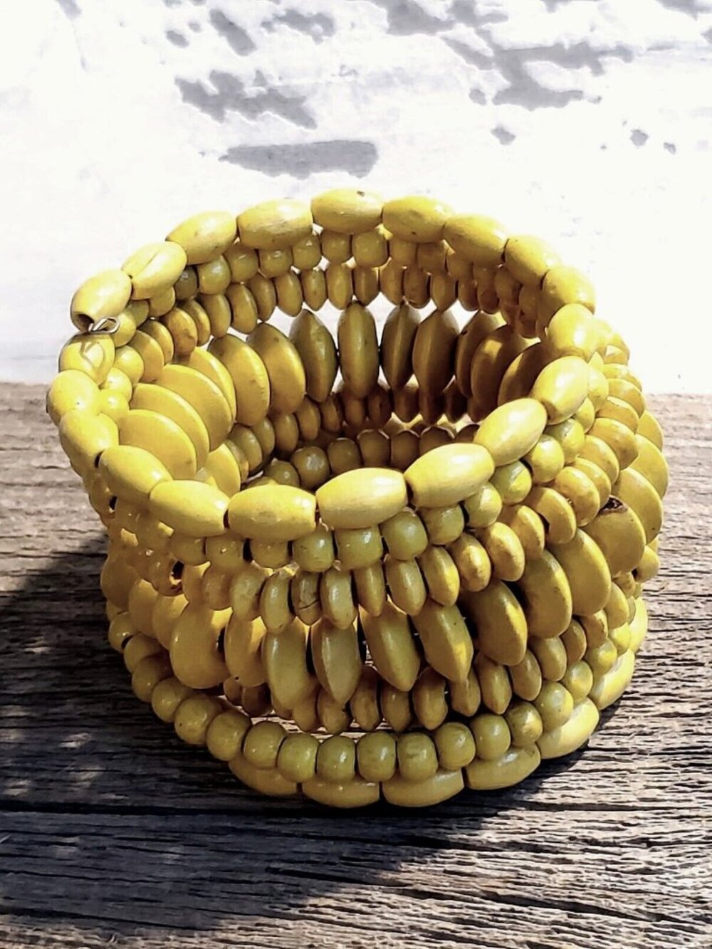 Vintage 90s Bali Sustainable Pale Yellow Wood Beads Memory Wire Wrap Bracelet